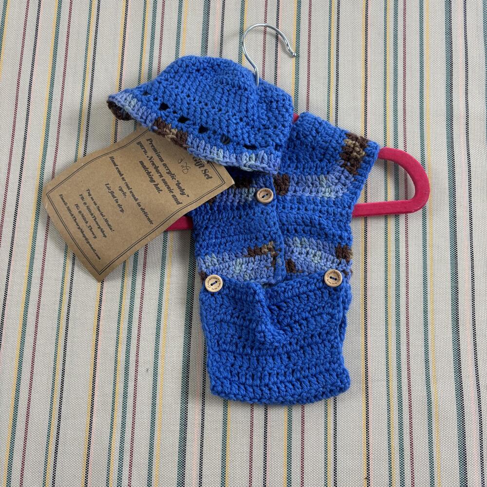 Stitch Theory Bodysuit Set Boys Newborn Blue Crochet One-piece Matching Hat Gift